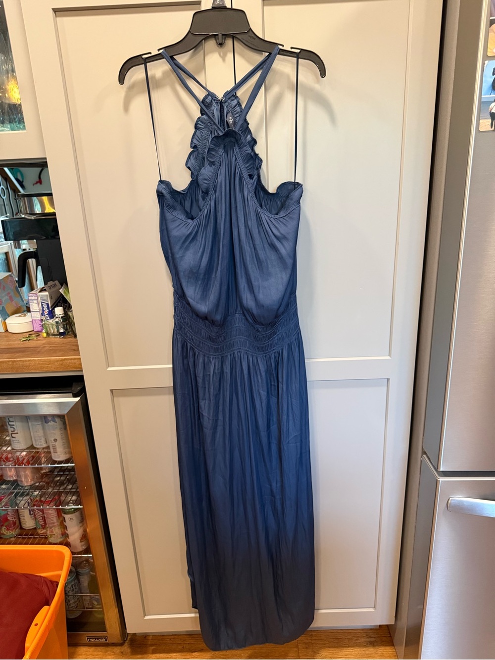 Sleeveless Navy Blue Maxi Dress with Ruffled Halter Detail